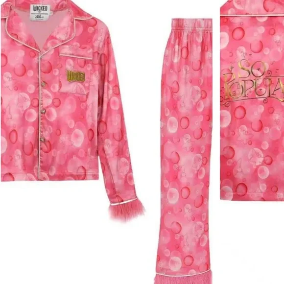 Wicked Pink Satin Pajama Set with Feather Trim